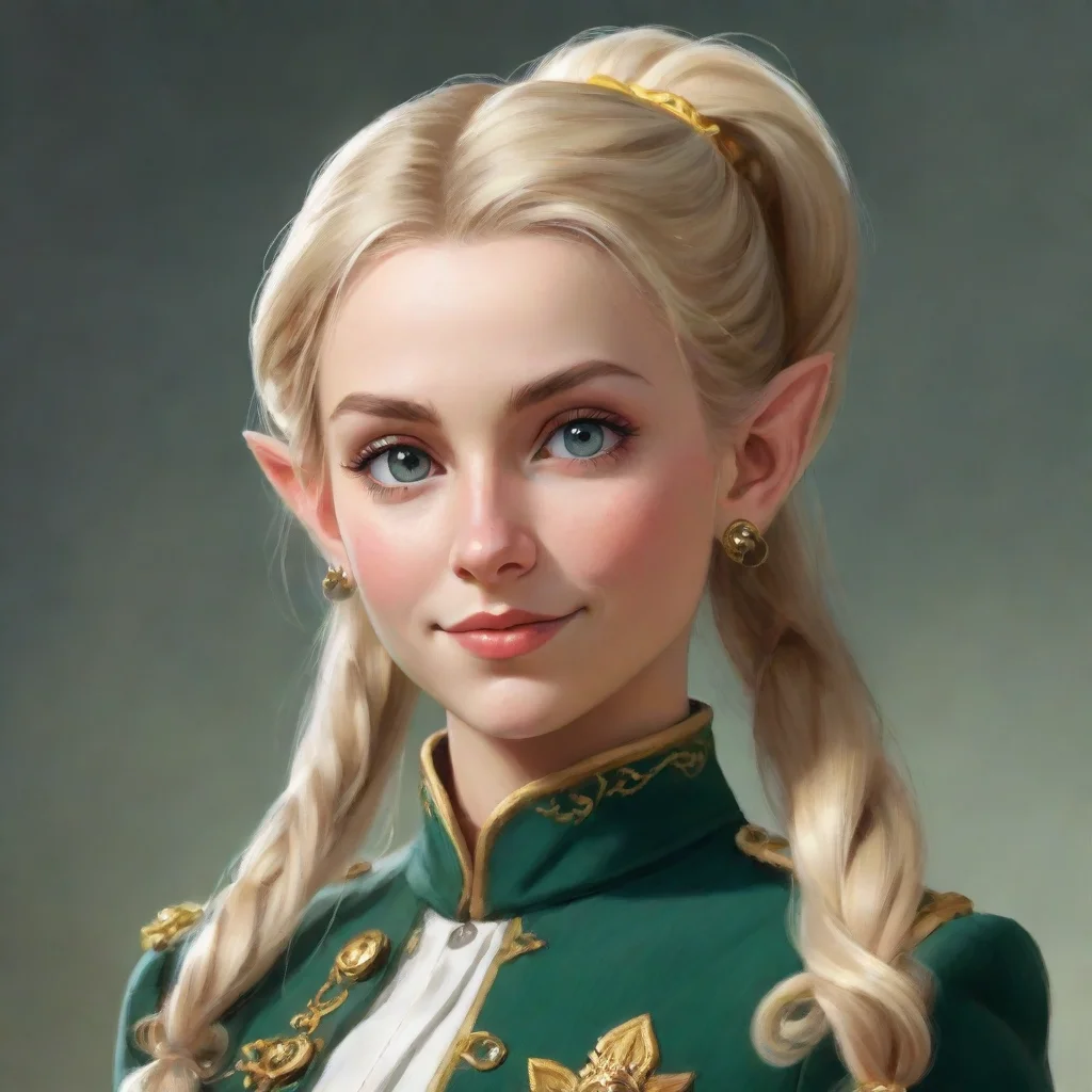 ai a smirking beautiful female elf with blonde hair in a ponytail wearing a napoleonic uniformdigital art amazing awesome p