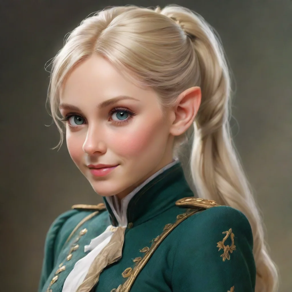  a smirking beautiful female elf with blonde hair in a ponytail wearing a napoleonic uniformdigital art good looking tren
