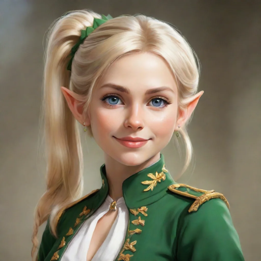  a smirking beautiful female elf with blonde hair in a ponytail wearing a napoleonic uniformdigital art