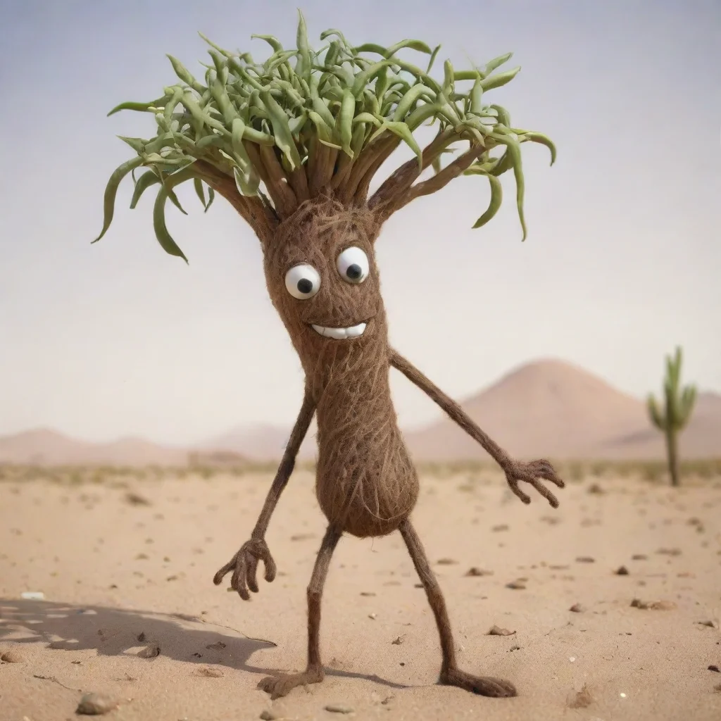 ai a stickman cartoon with string bean pods as limbs and musclesand a tree leaves as hair in a strongman pose in the desert