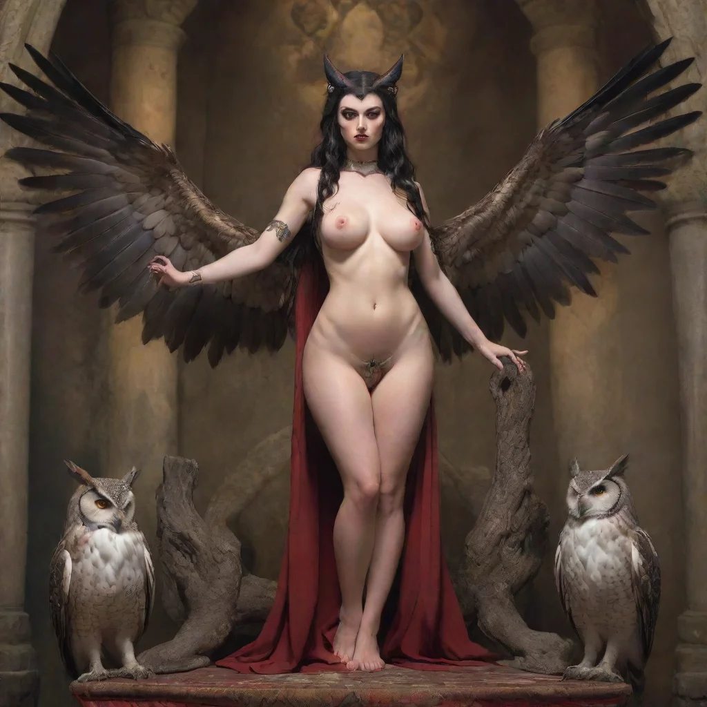  a succubuss that is standing on an altar andbeing held by an giant owl using tis claws to tear her clothing offexposing 