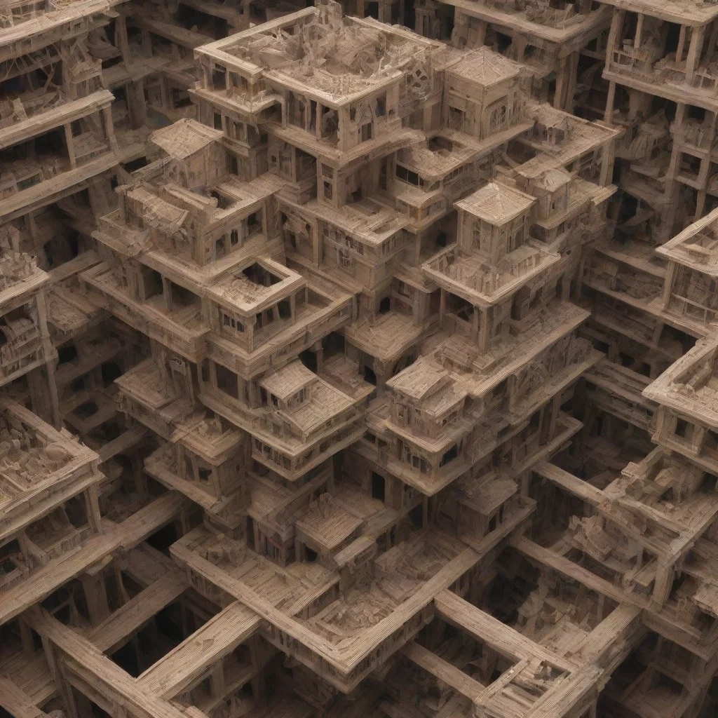  a swarm of parts intertwined upside down escher paradox kitbash greeble timber construction building in a building socia