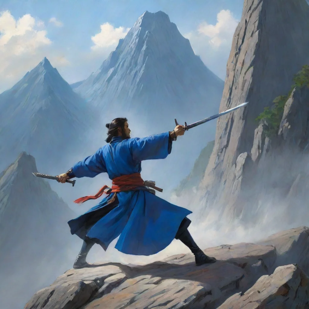 ai a swordmanreleasing a blue slash to slice the mountain 
