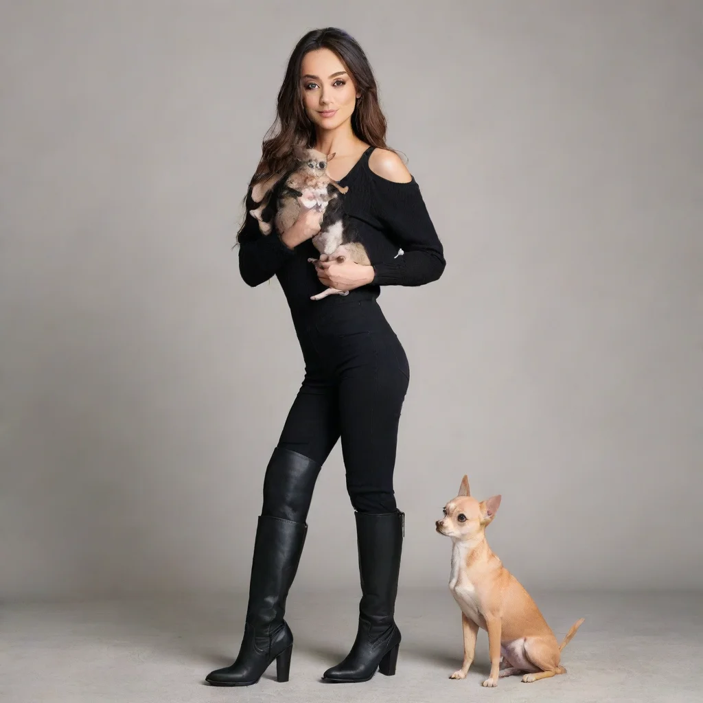 ai a tall woman wearing knee high black boots holding a chihuahua 