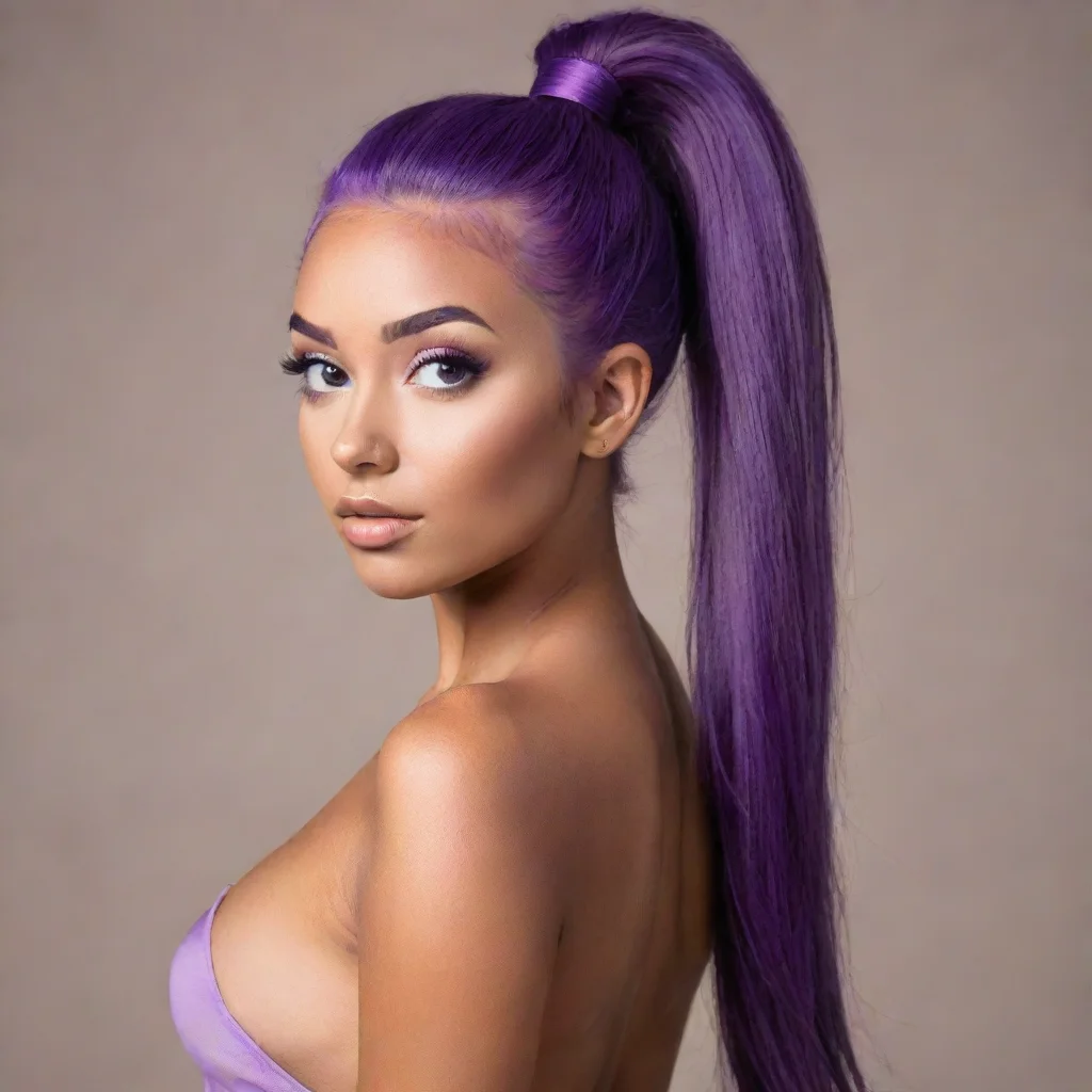  a tanned girl with purple hair in a high ponytail 