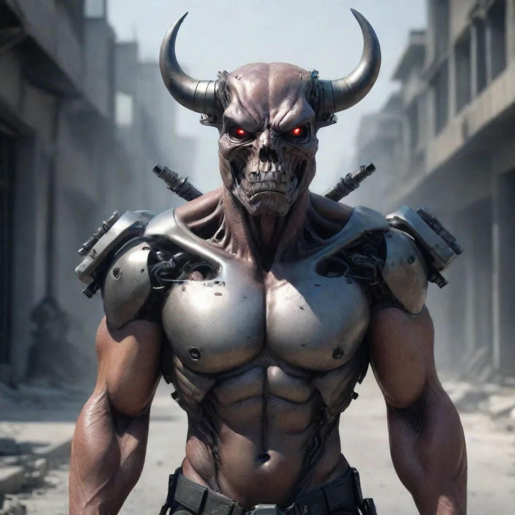  a terminator bull with guns on shoulders futuristic photorealistic