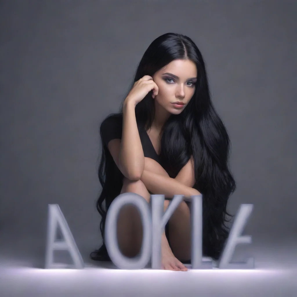  a text 3d neon word aleksa lonely and sitting a beautiful woman with long black hair and grey eyes stands confidentlyrep