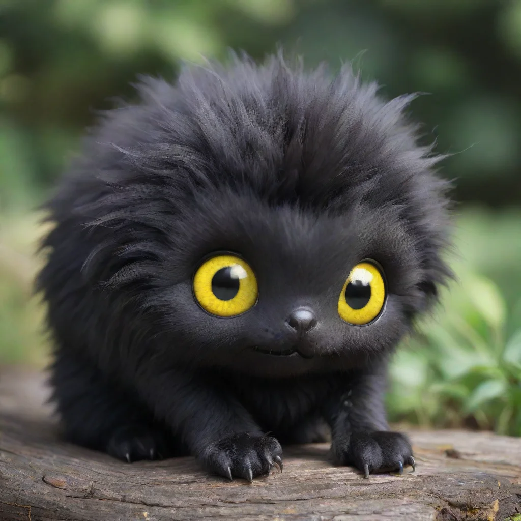 a thick long furred black slugpup with yellow eyes 