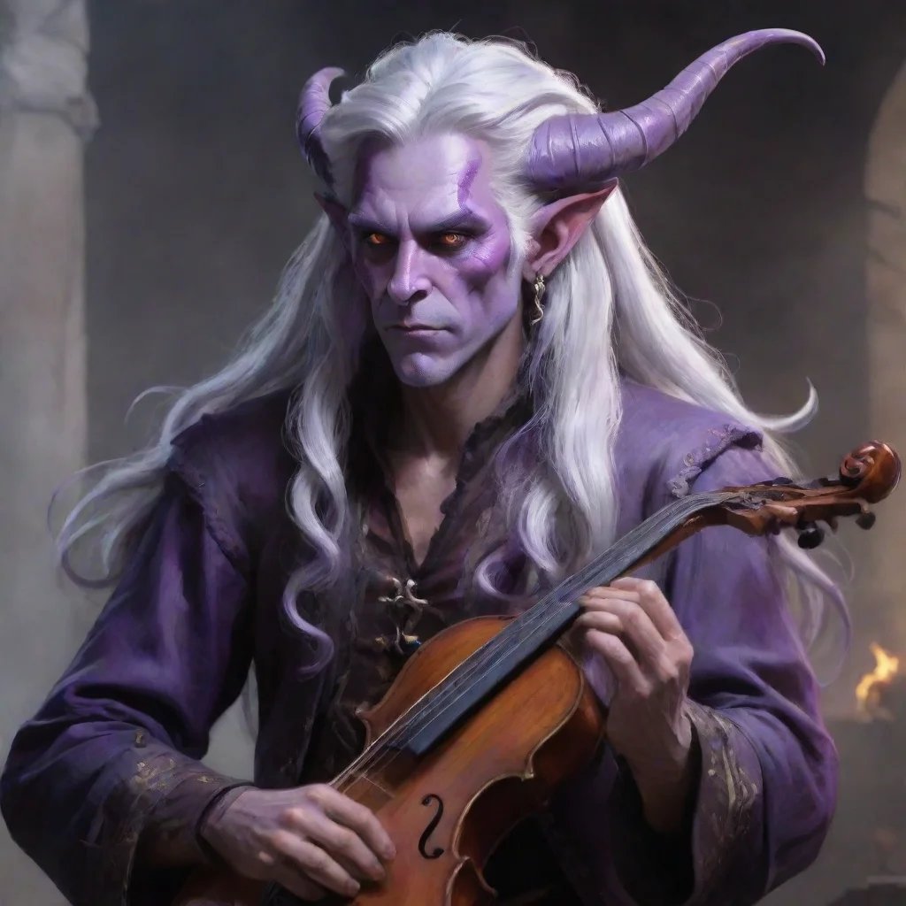 ai a tiefling bard with purple skinhigh fantasylong silver hairhorns that curl backplaying a sad tune amazing awesome portr