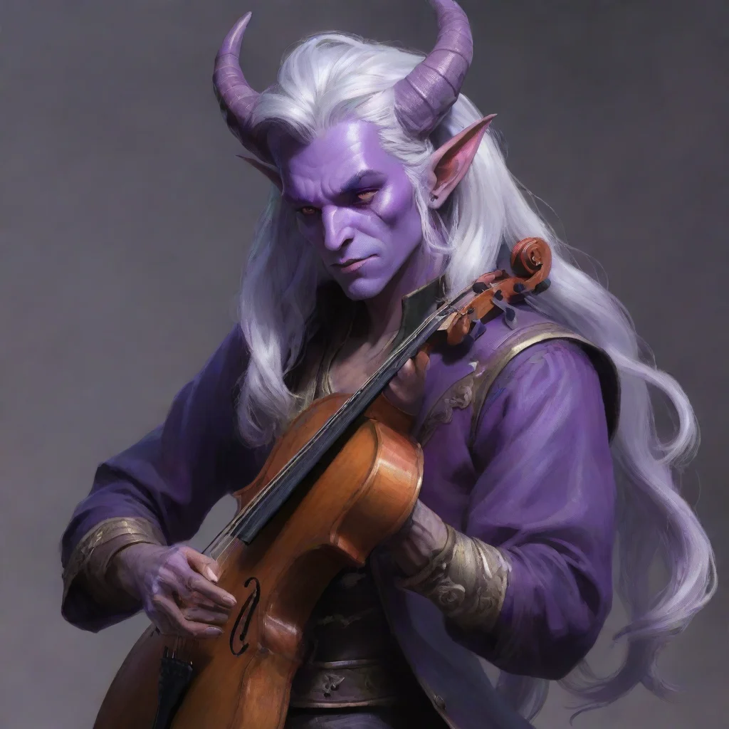  a tiefling bard with purple skinhigh fantasylong silver hairhorns that curl backplaying a sad tune confident engaging wo