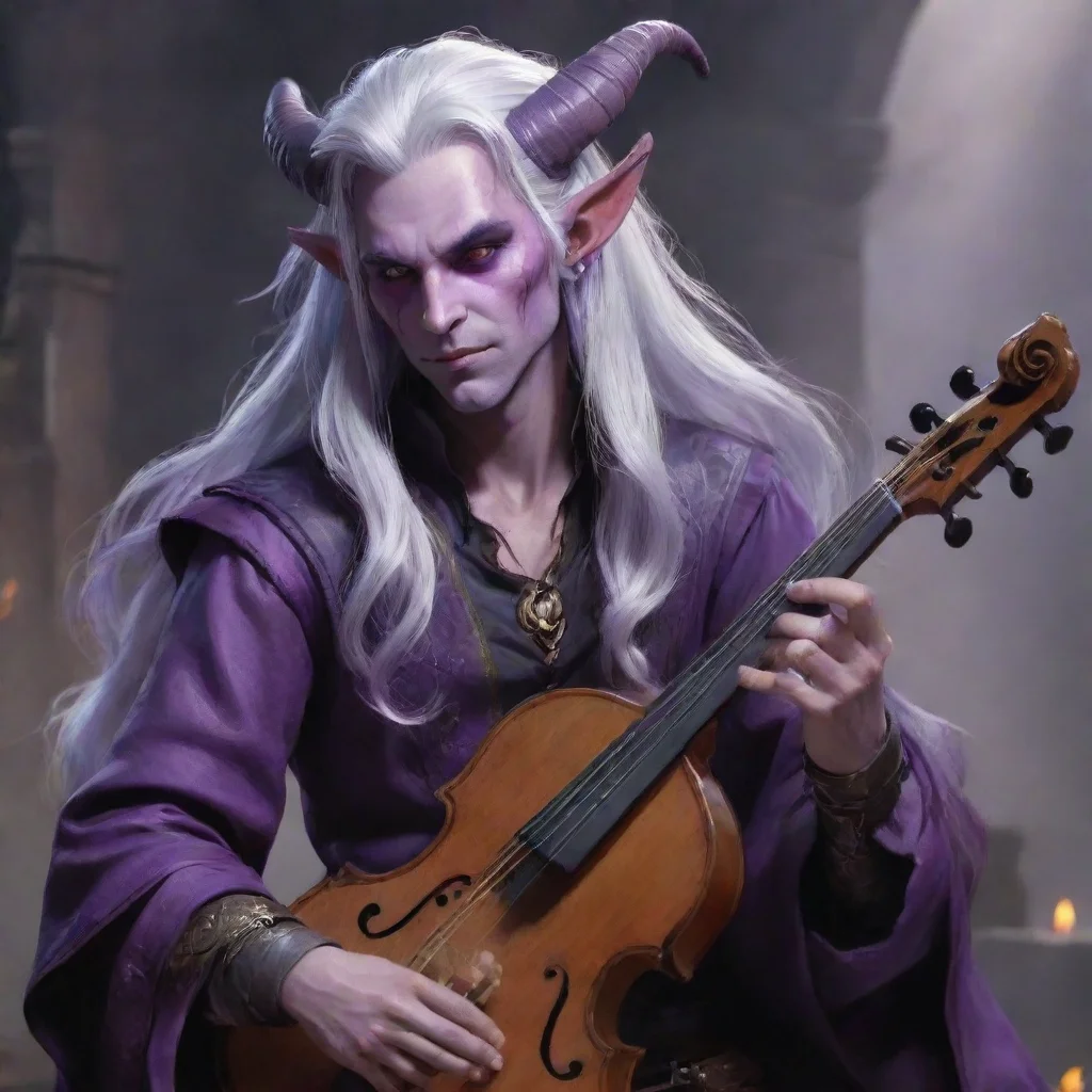 ai a tiefling bard with purple skinhigh fantasylong silver hairhorns that curl backplaying a sad tune good looking trending