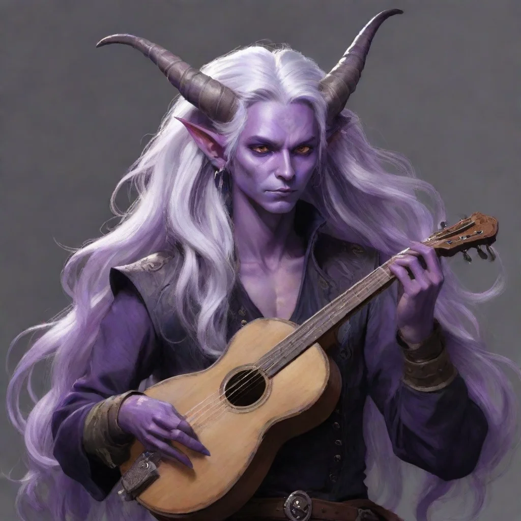 ai a tiefling bard with purple skinhigh fantasylong silver hairhorns that curl backplaying a sad tune