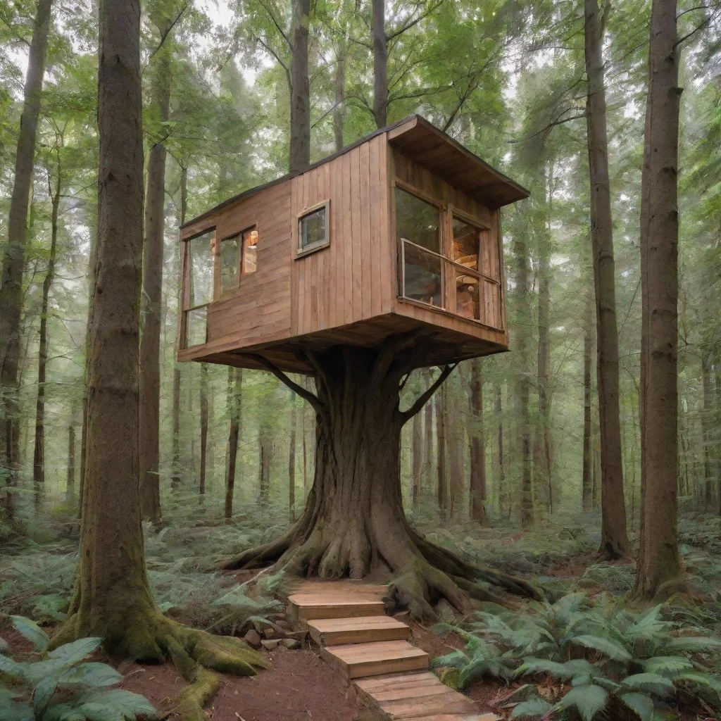  a tiny house in the high end of a big treein the middle of a dense forest 