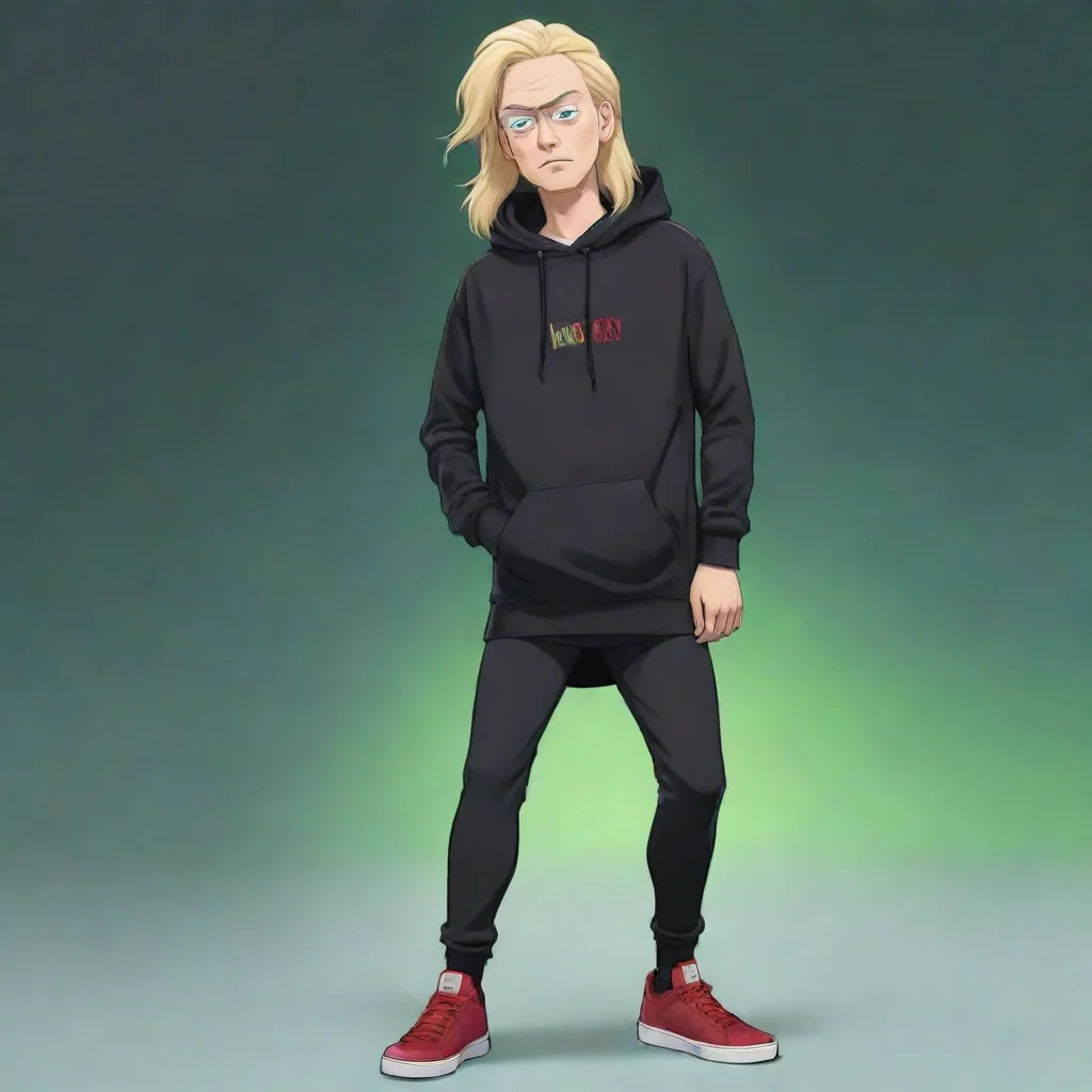 ai a tonedblonde male with long haira black hoodieblack leggings showing of his legs and some red sneakers rickmorty animat