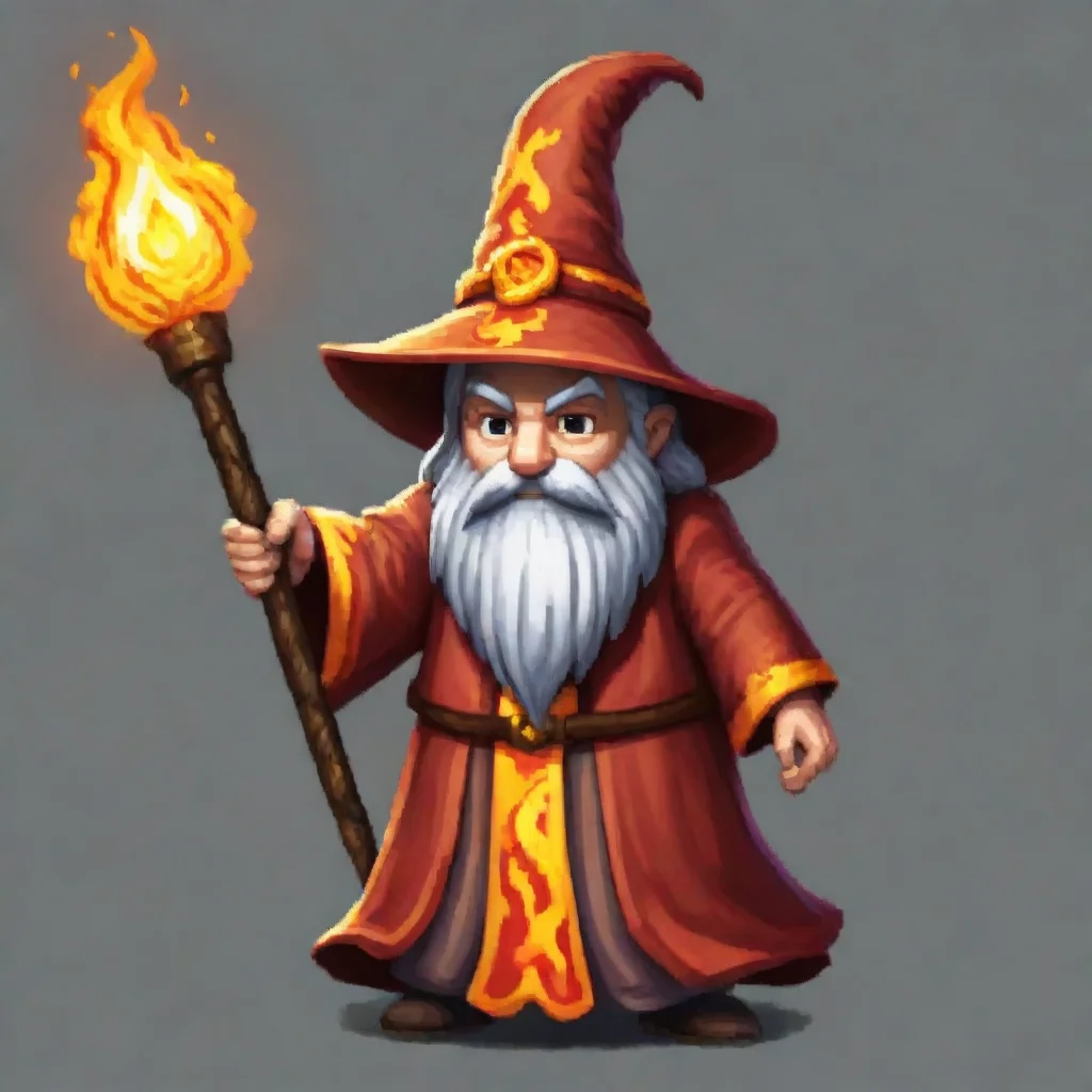 ai a topdown 256 x 256 pixel sprite for a pc gameshowing a wizard with a lava staff