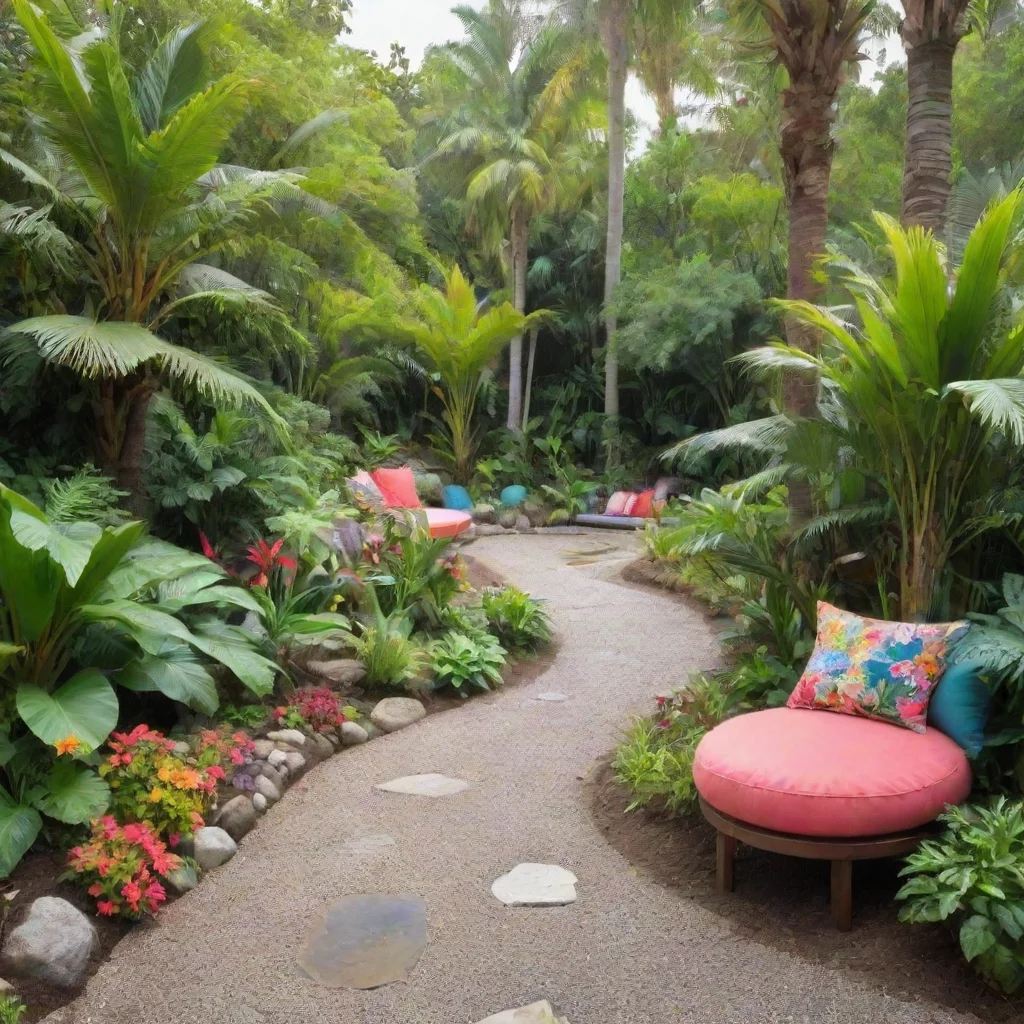  a tropical front yard with a gravel pathway winding through lush greeneryvibrant tropical plantsand palm treesleading to
