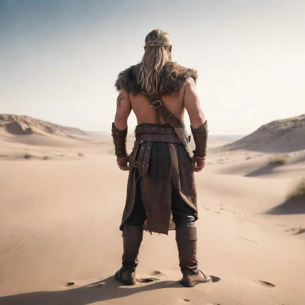  a viking stranded in the desert looking far away back to ocean