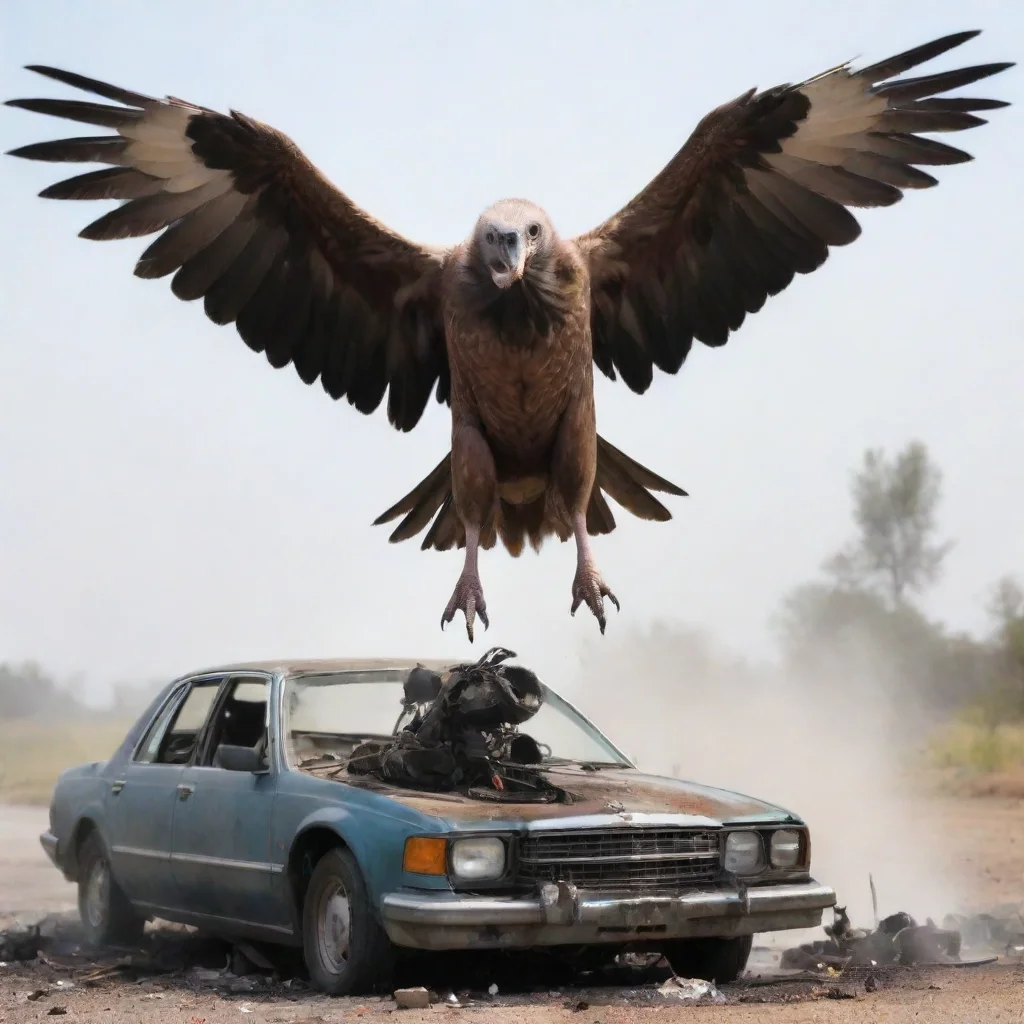  a vulture bird landing on a broken smoking car engine wearing glases