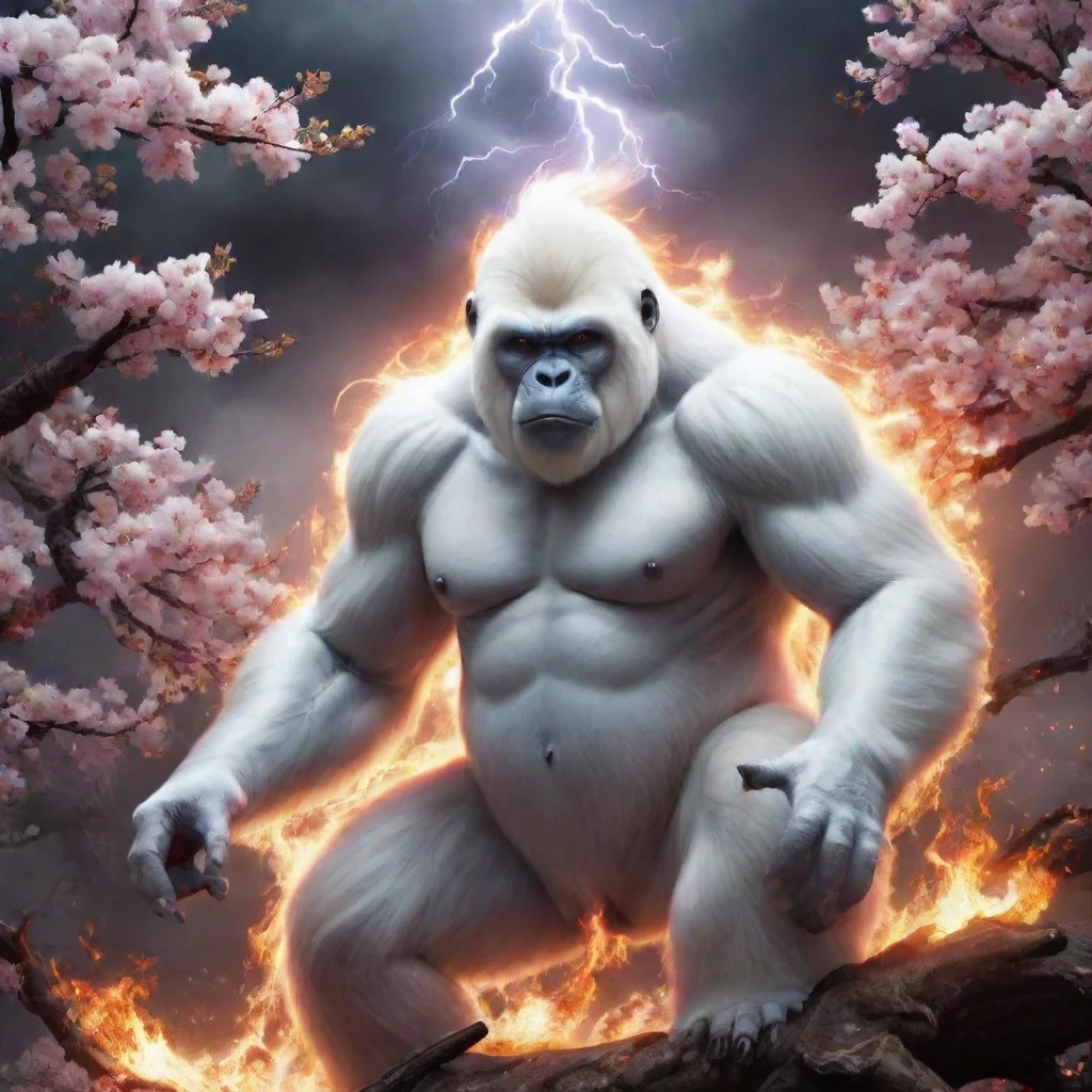 ai a white gorilla of peace and wrath lightning storm fire flame sakura blossoms magical atmosphere oriental fantasy insane