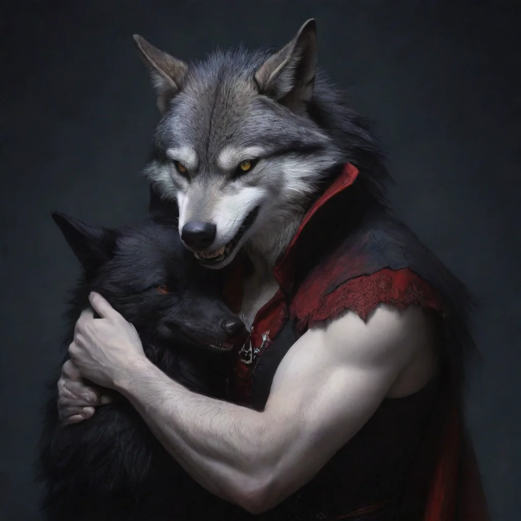  a wolf hugging a vampire