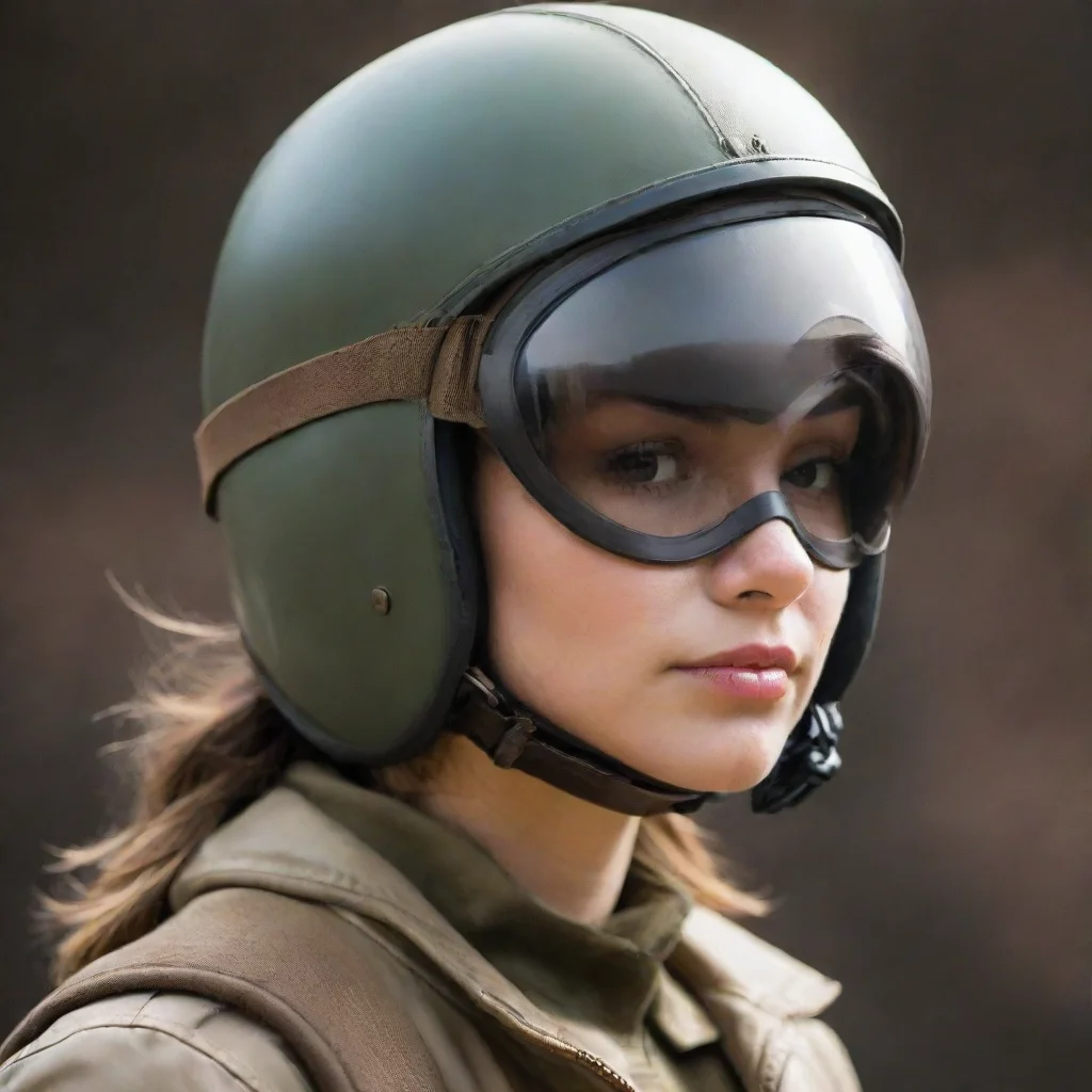  a woman in aviator helmet and face mask