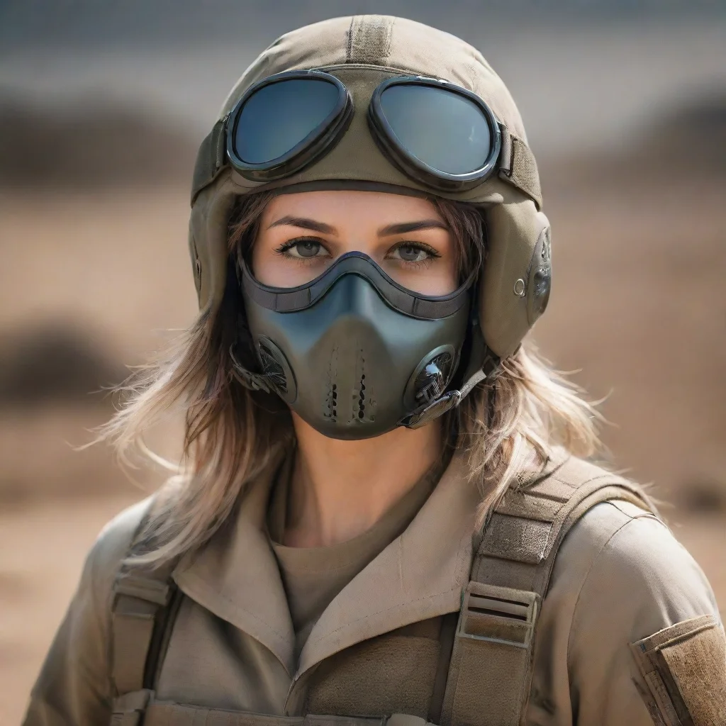  a woman in aviator helmet and tactical mask