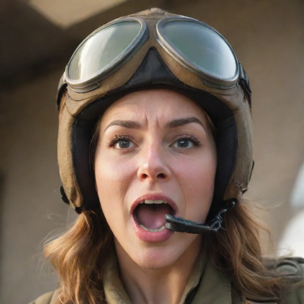  a woman in aviator helmet blows air to the camera with her mouth wide open 