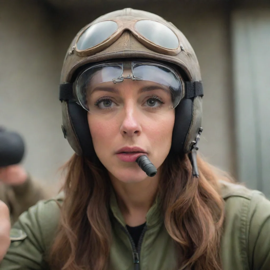  a woman in aviator helmet blows to the camera 