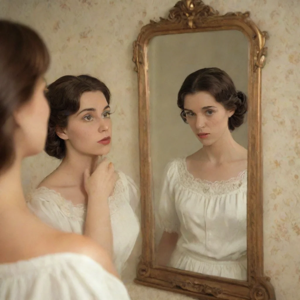  a woman looking at herself in a mirror with nostalgy wide