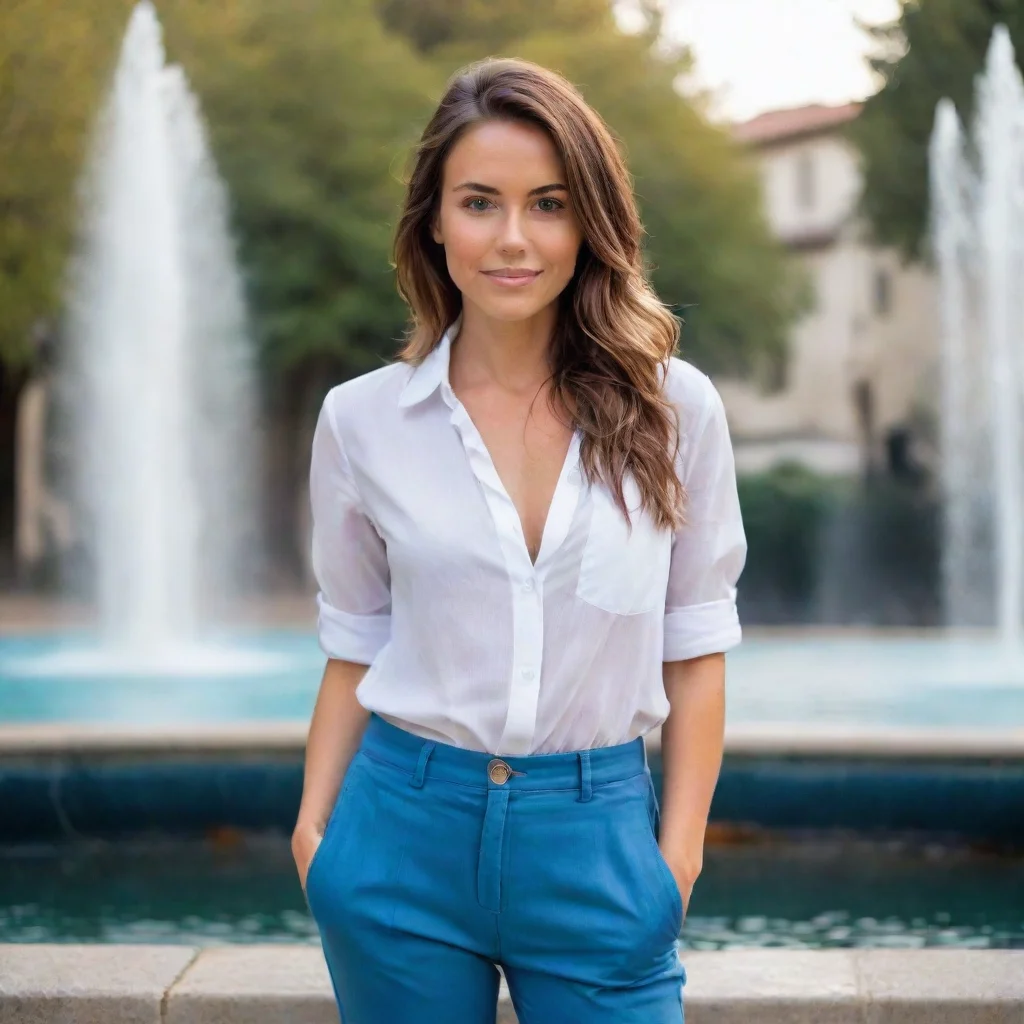  a woman standing in front of a fountain wearing a white shirt and blue pants amazing awesome portrait 2