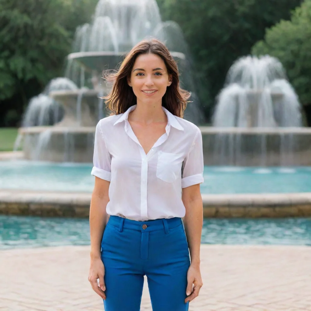  a woman standing in front of a fountain wearing a white shirt and blue pants