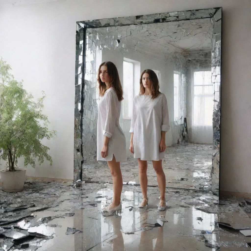  a woman standing in front of a shattered mirror with each piece of the mirror reflection a different landscape good look