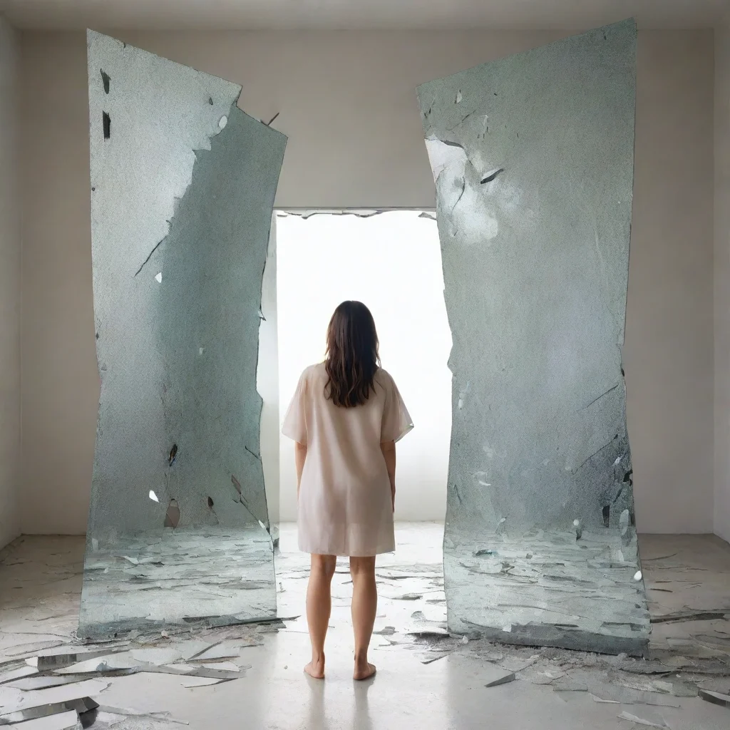  a woman standing in front of a shattered mirror with each piece of the mirror reflection a different landscape