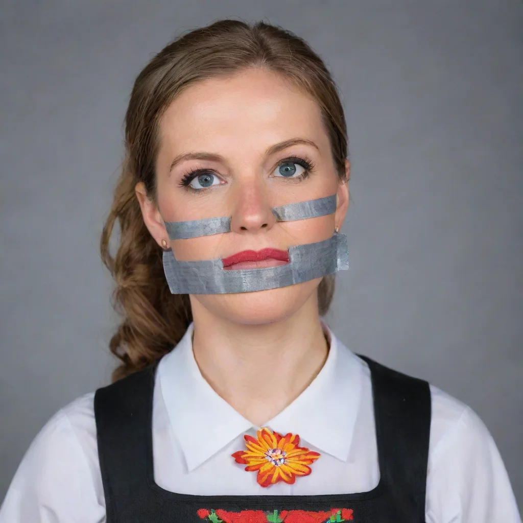 ai a woman wearing a bunadduct tape on her mouthtall