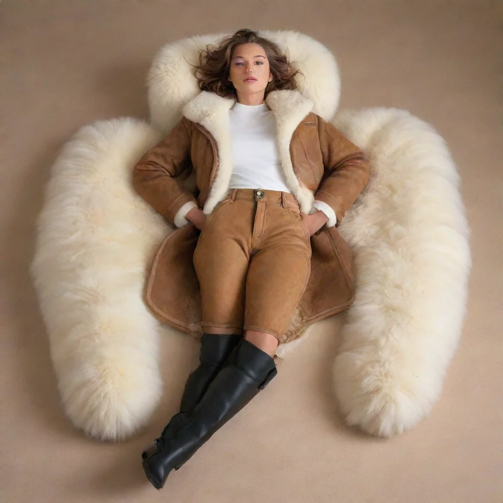  a woman wearing b3 shearling jacketbootsis lying down with her legs spread open 