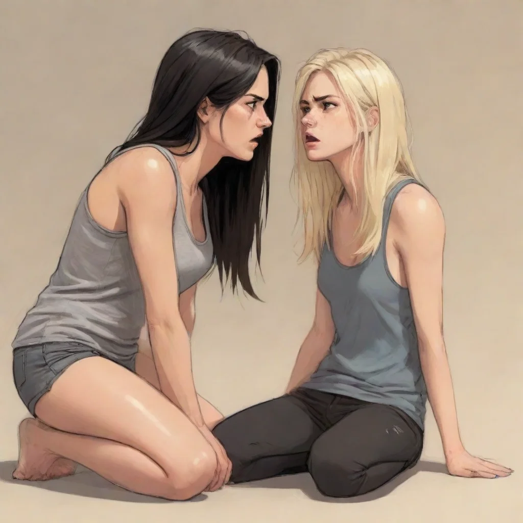 ai a woman with long dark hairwearing a tank top looking menicingly standing over another womanwho is angry with long blond