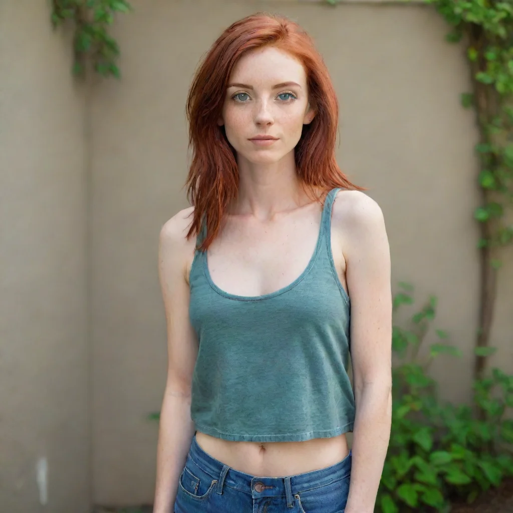  a woman with red hair and hazel green eyesshe is very skinny and is wearing a tank top and jean shorts 