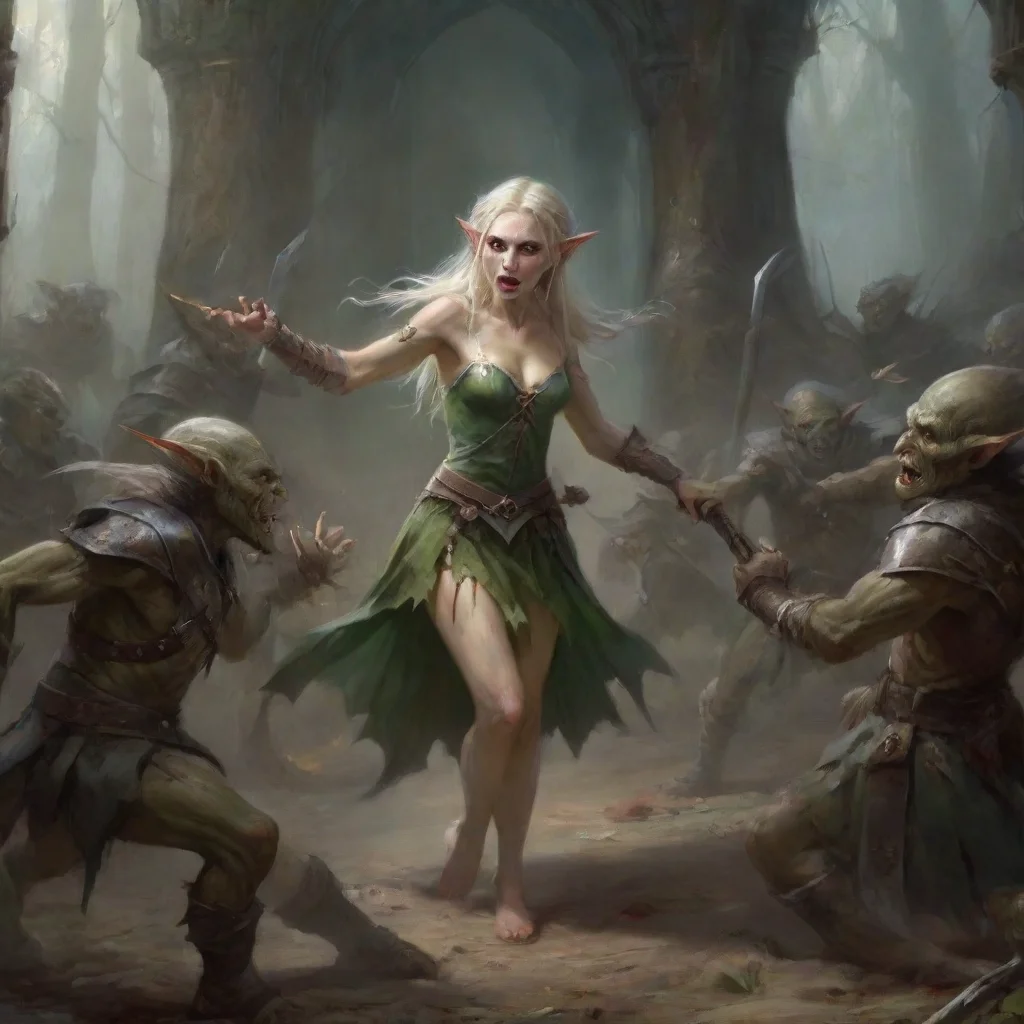 ai a wounded elf princess surrenders to three goblin warriors 