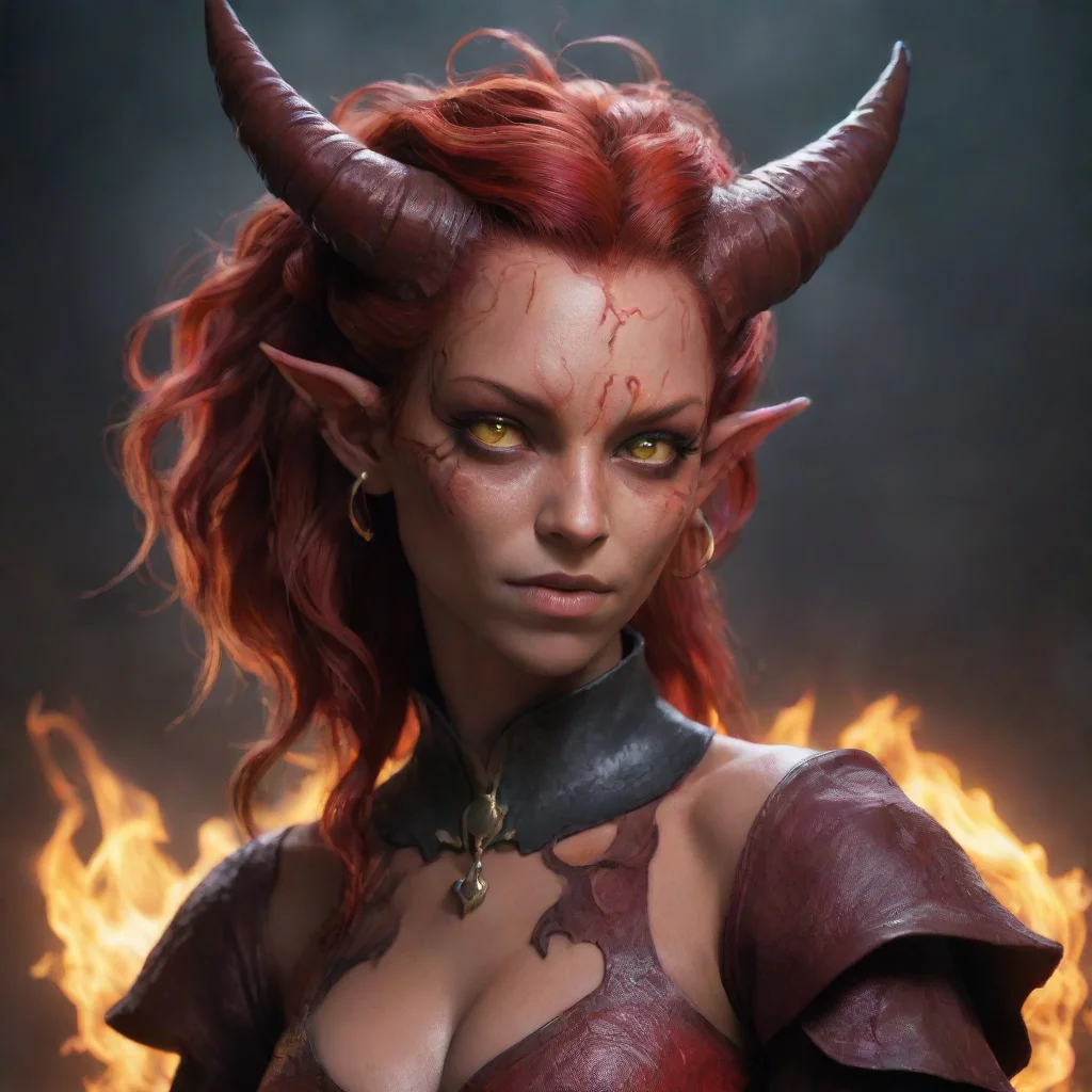  a young female tiefling with red skin and curved hornsthat has a hair that uses diferent tones of fire in itshe is weari