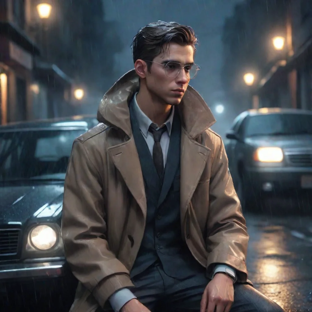  a young gangster wearing a cooling glass and a stylish coat suit sitting in front of his car head lights in streets at r