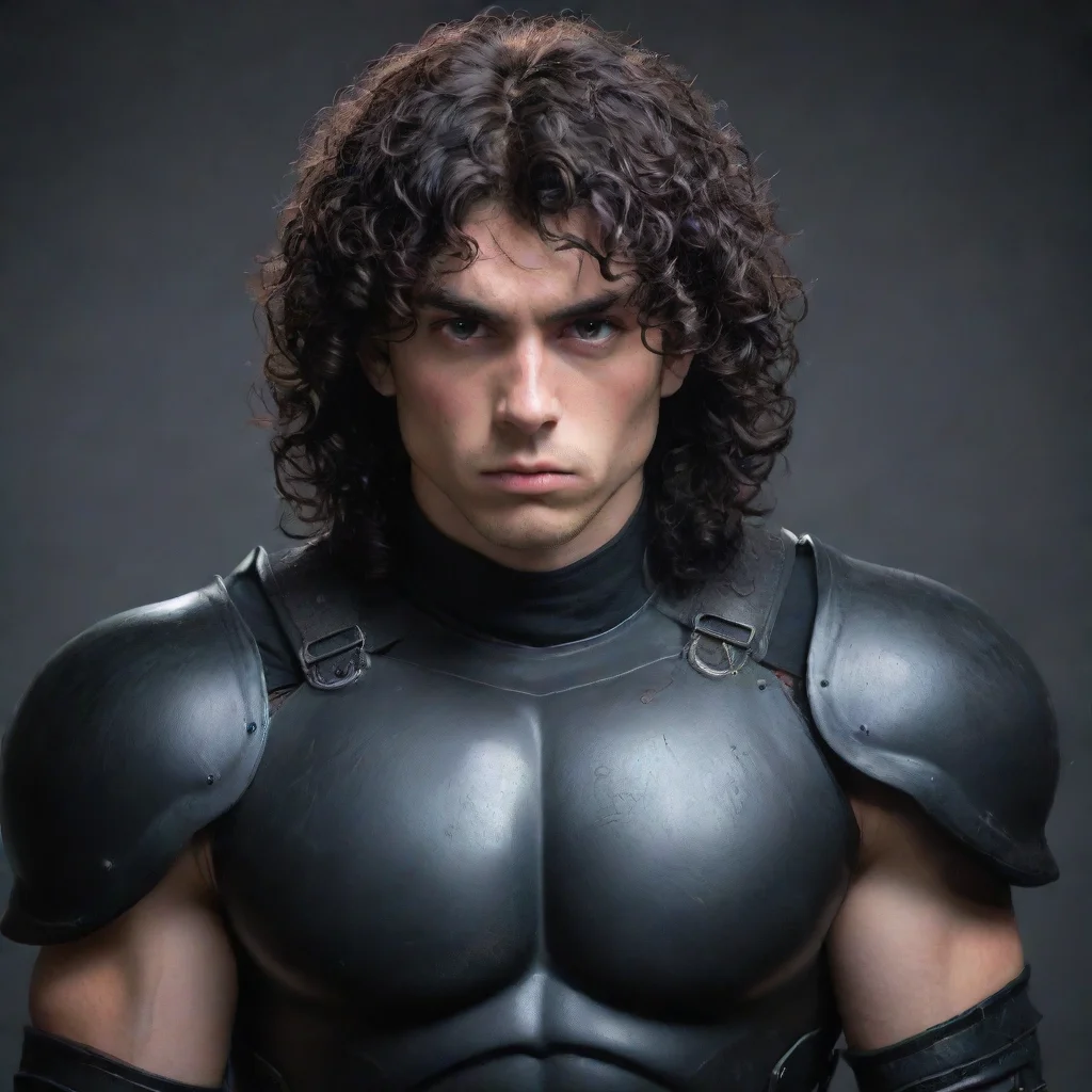  a young man with a muscular buildhe wears fully black armorhas a melancholic faceblack curly hair and red eyes amazing a