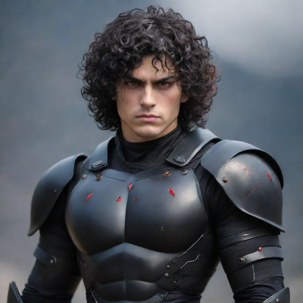  a young man with a muscular buildhe wears fully black armorhas a melancholic faceblack curly hair and red eyes good look