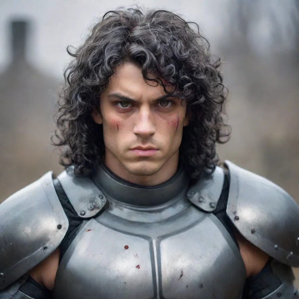  a young man with a muscular buildhe wears fully grey armorhas a melancholic faceblack curly hair and red eyes amazing aw