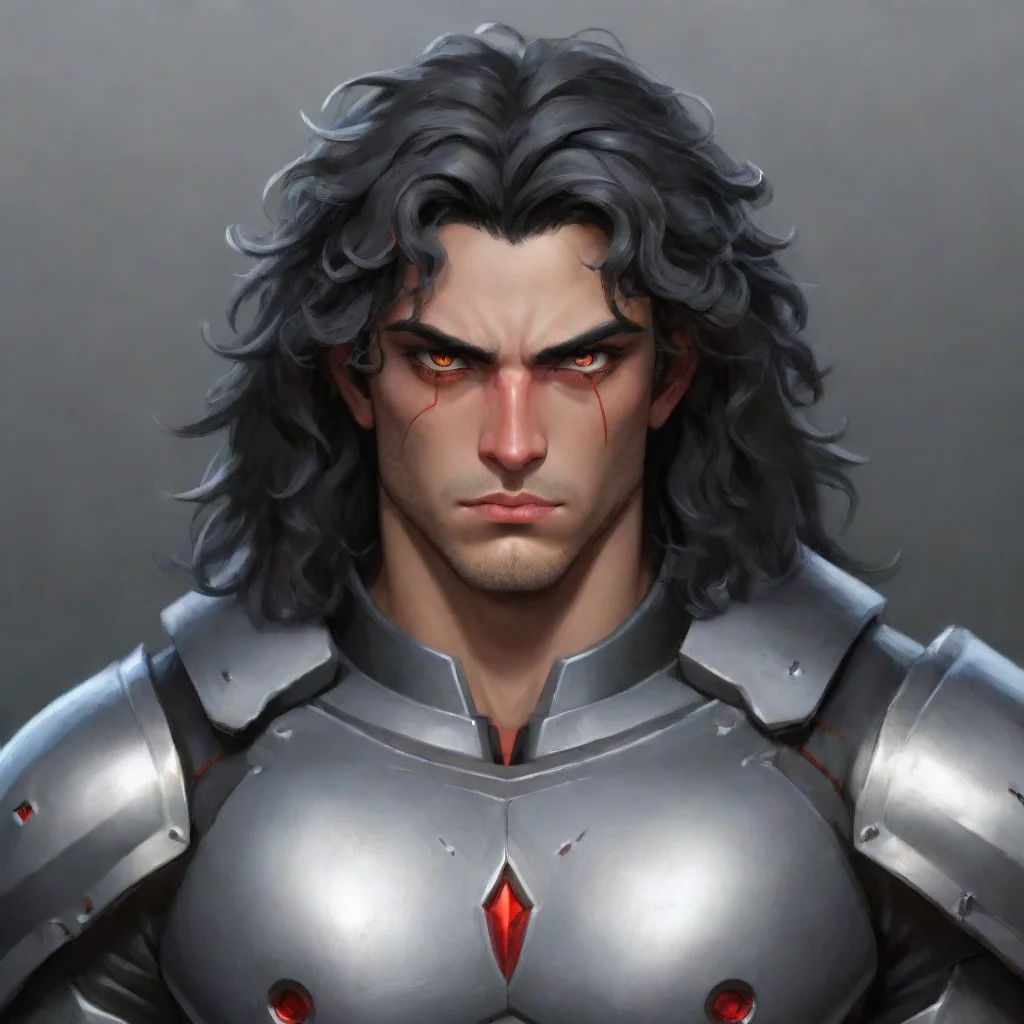 ai a young man with a muscular buildhe wears fully grey armorhas a melancholic faceblack curly hair and red eyes confident 
