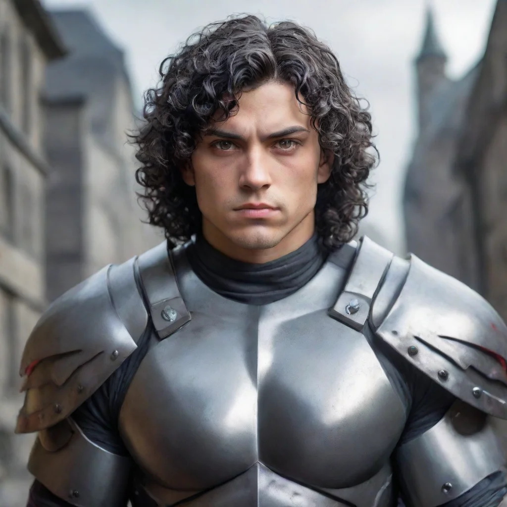  a young man with a muscular buildhe wears fully grey armorhas a melancholic faceblack curly hair and red eyes good looki