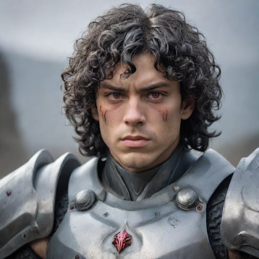  a young man with a muscular buildhe wears fully grey armorhas a melancholic faceblack curly hair and red eyes
