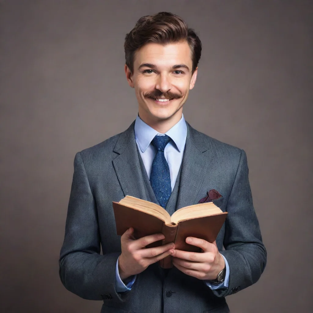 ai a young man with moustache dressed in suits smiling holding a book in his hand amazing awesome portrait 2
