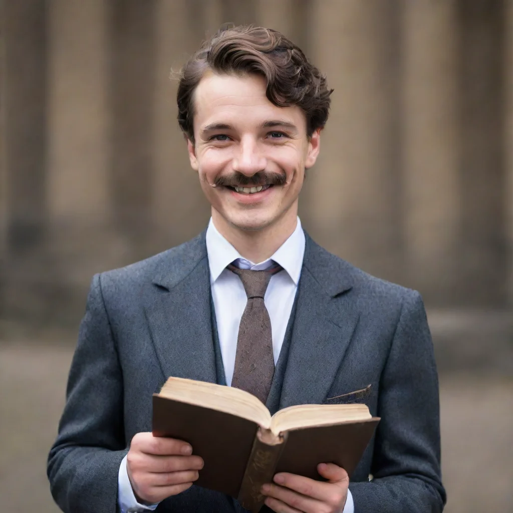 ai a young man with moustache dressed in suits smiling holding a book in his hand