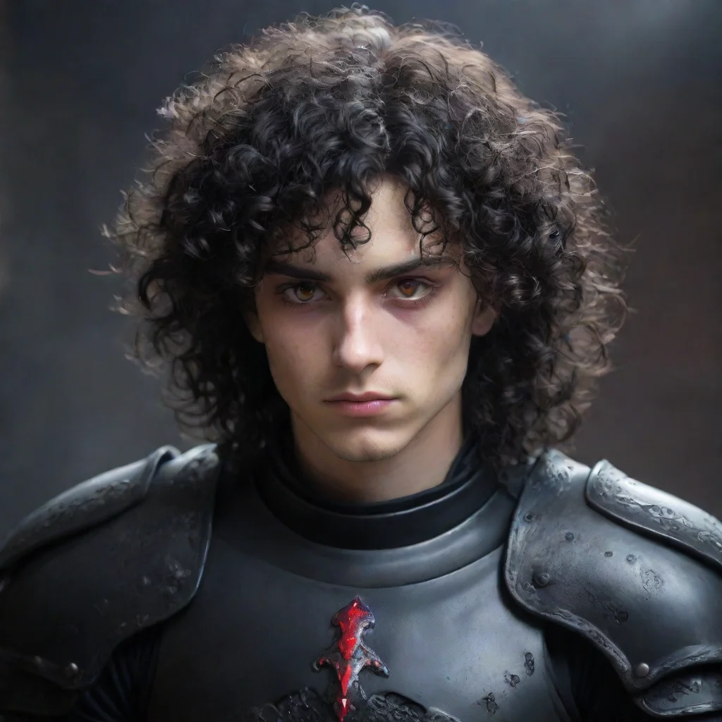  a young manhe wears fully black armorhas a melancholic faceblack curly hair and red eyes amazing awesome portrait 2