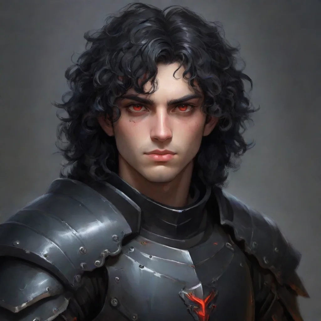 ai a young manhe wears fully black armorhas a melancholic faceblack curly hair and red eyes confident engaging wow artstati